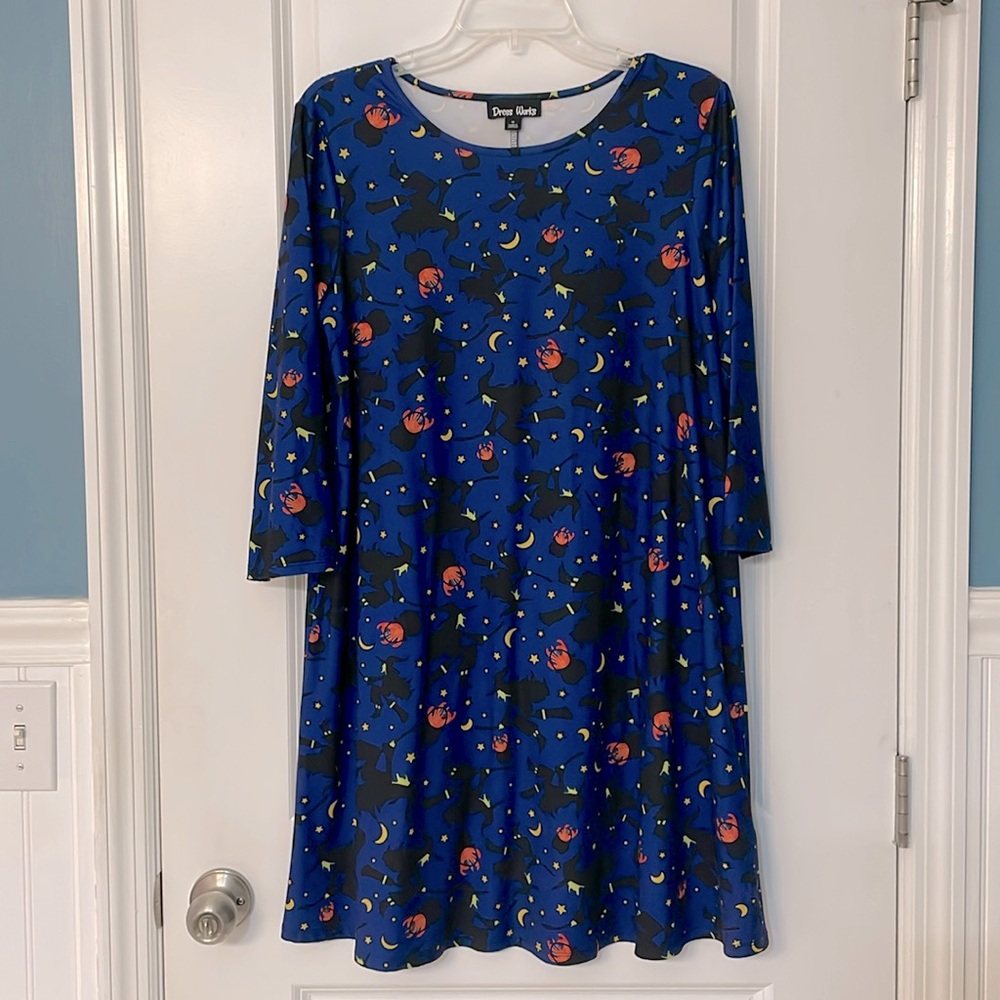 Halloween Witch Print Dress w/ Elbow length sleeves, size M